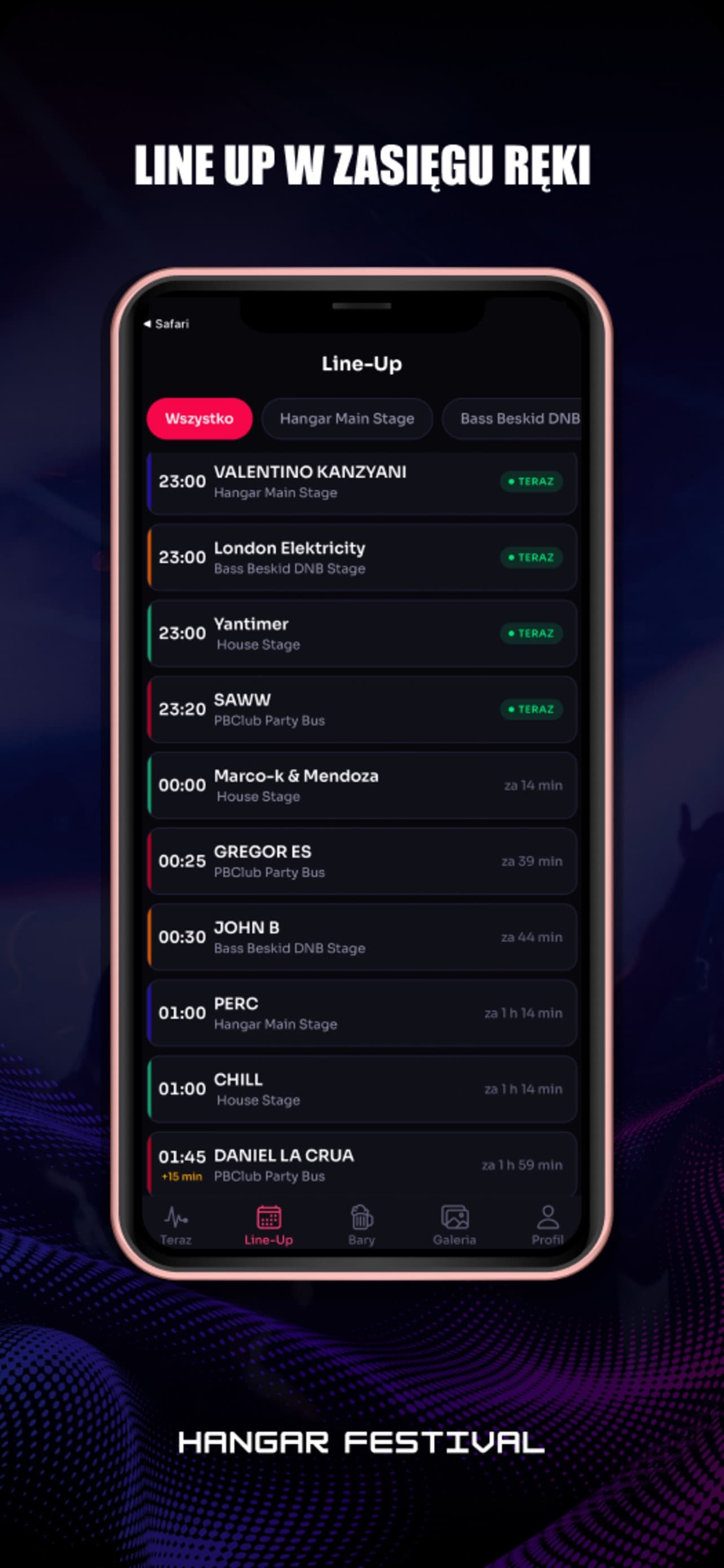 Ekran Line-Up w aplikacji Hangar Festival - sety wszystkich scen w kolejności godzinowej z odliczaniem do startu